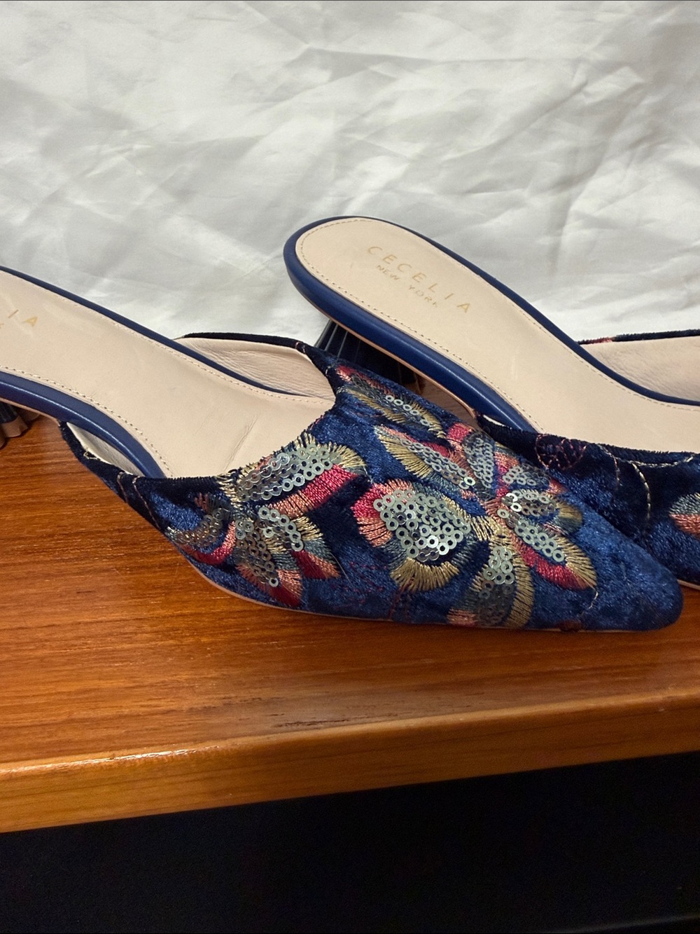 CECILIA NEW YORK Navy Embroidered Sequin Pointed Toe Mules - Picture 4 of 7